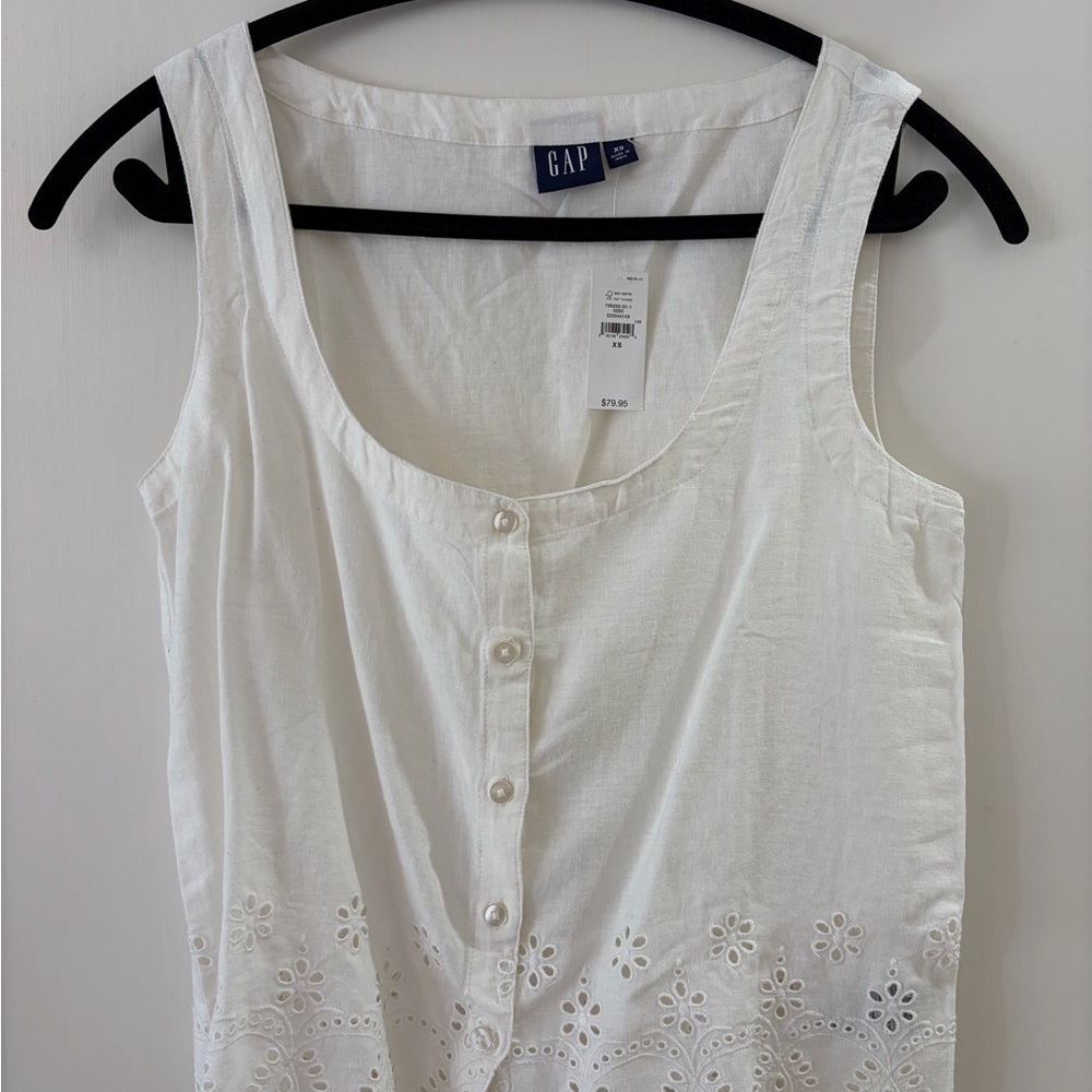 NWT Gap Women's Linen-Blend Eyelet Hem Tank Top in White, Size Xsmall - Picture 2 of 4